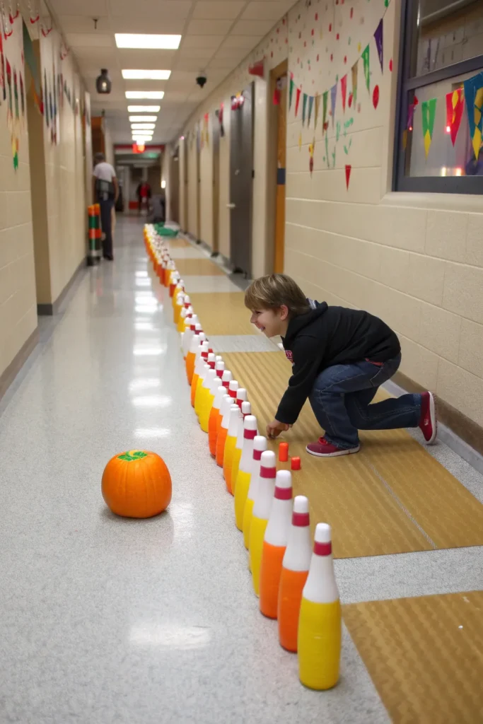 11 candy corn bowling a makeshift bowling lane in