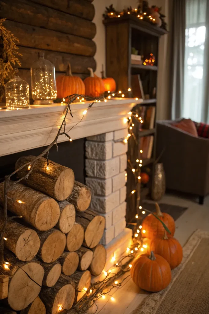 11 cozy fireplace mantel filled with stacked lo