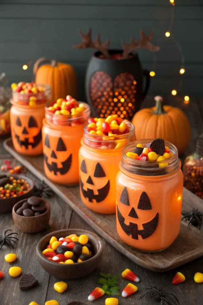 11 mason jars painted with jack o lantern faces