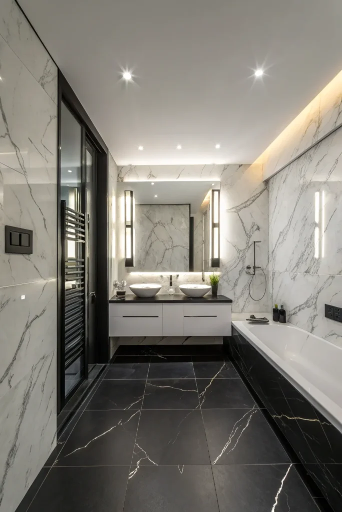 11 sleek bathroom with matte black floor tiles