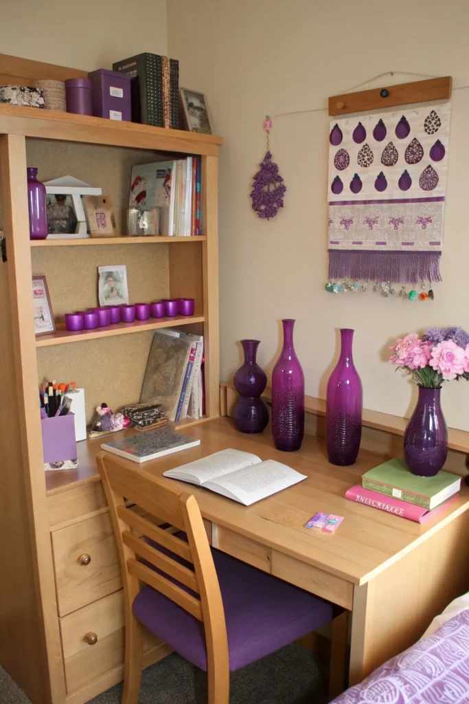 11 small purple vases and trinkets arranged on a