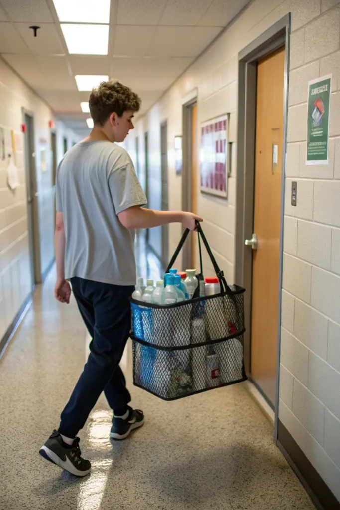 11 student carrying a mesh shower caddy with sha