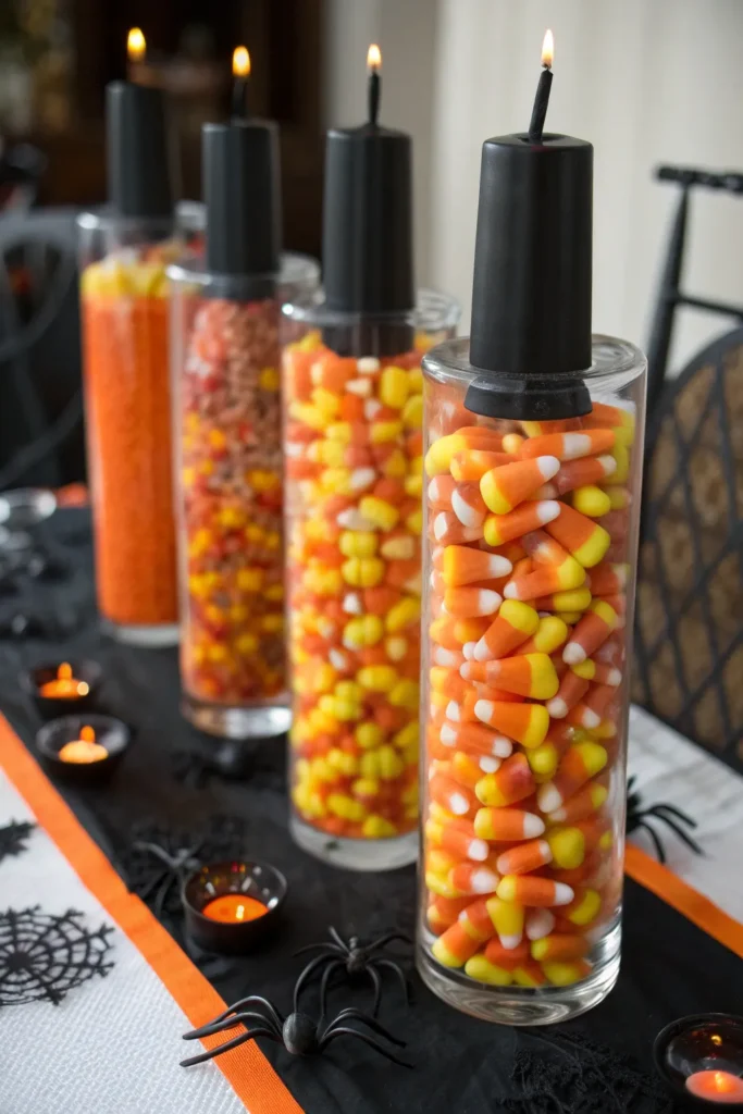 11 tall glass jars layered with orange yellow