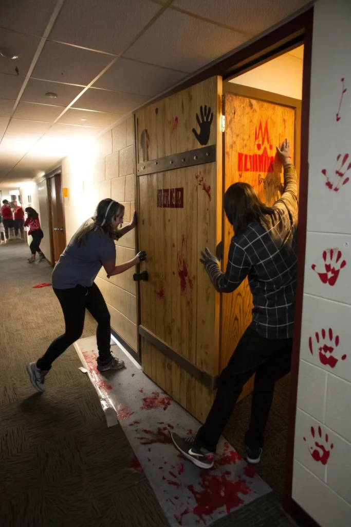 11 zombie apocalypse scene a dorm door decorated