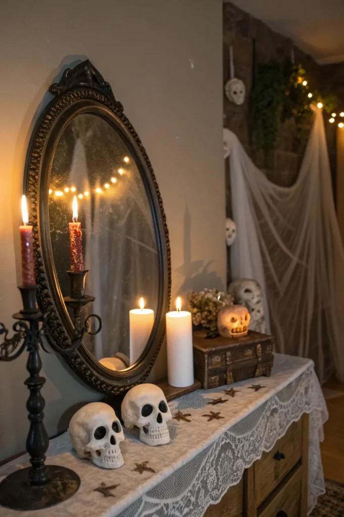 12 a distressed mirror in the center of a hallow