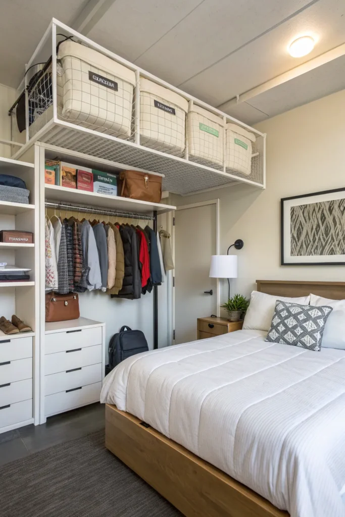 12 a dorm room with overhead storage racks above