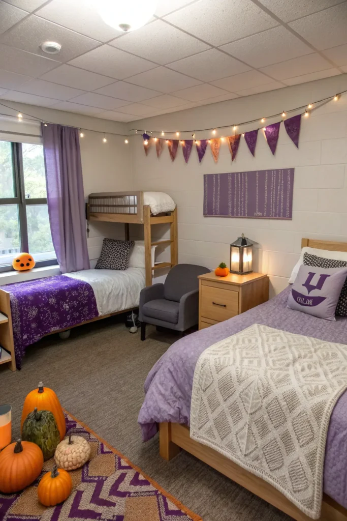 12 a dorm room with purple accents mixed with se