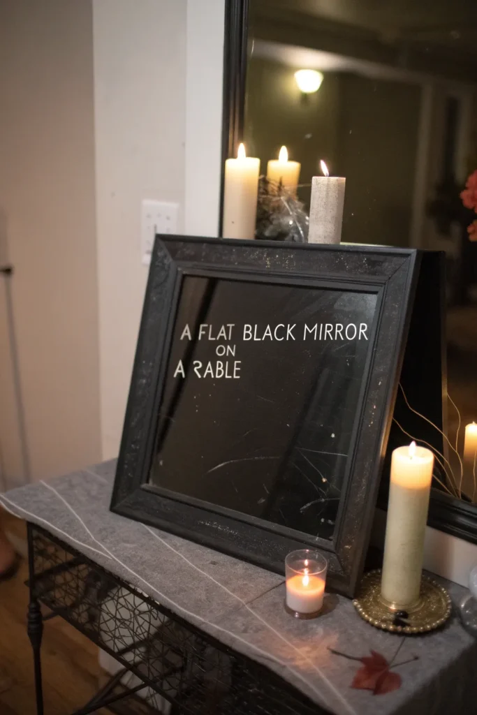 12 a flat black mirror on a table with scratched