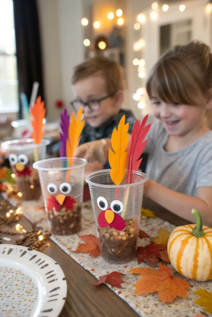 12 clear plastic cups decorated as turkeys with