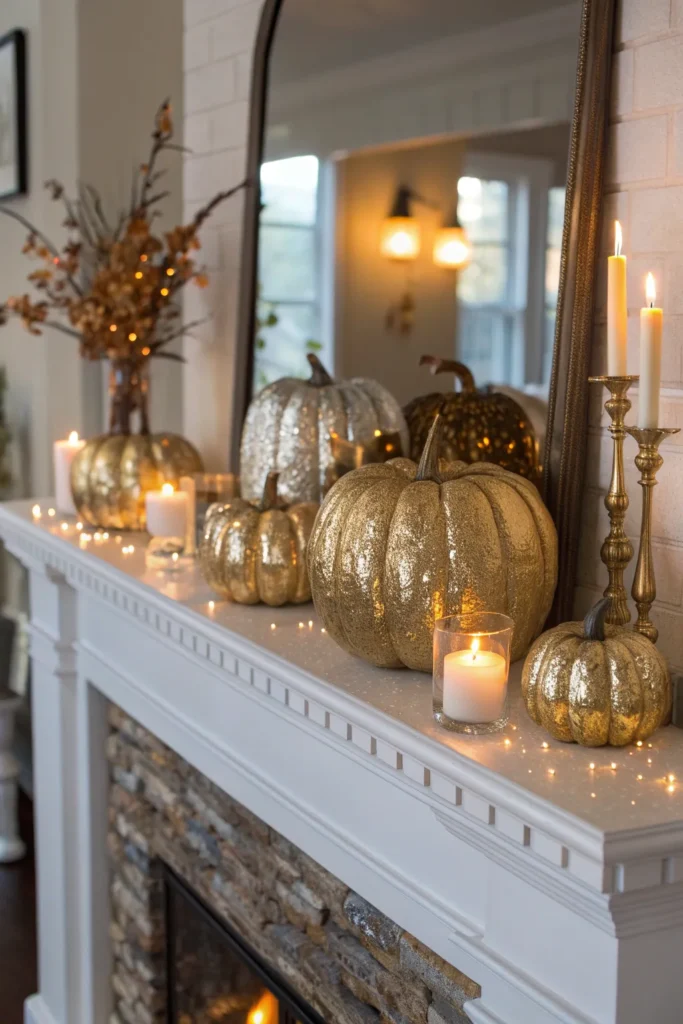 12 crystal metallic pumpkins a fireplace mantle
