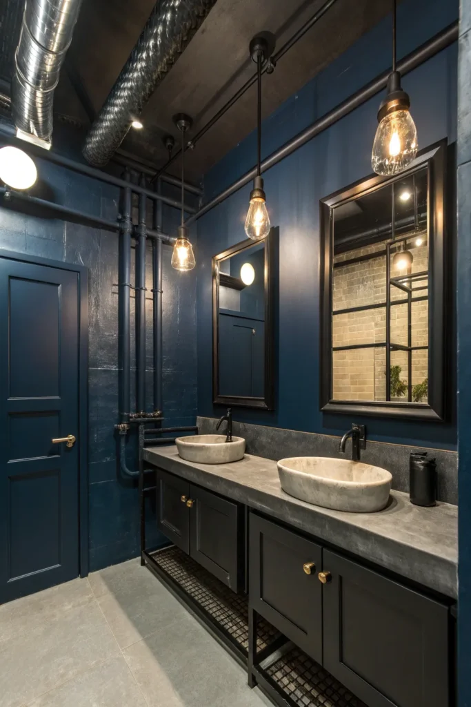 12 industrial bathroom with dark blue painted wa