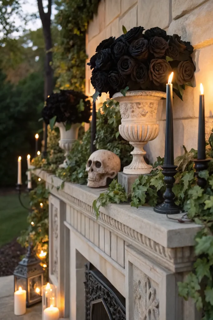 12 mantel decorated with black roses ivy and