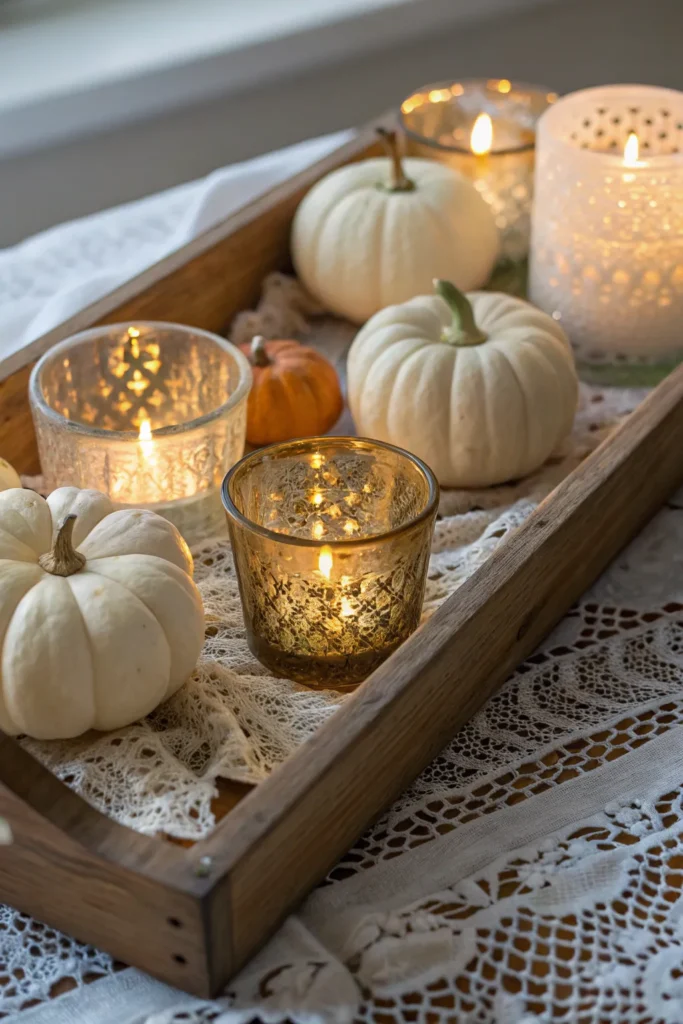 12 mercury glass votives and mini pumpkins on a