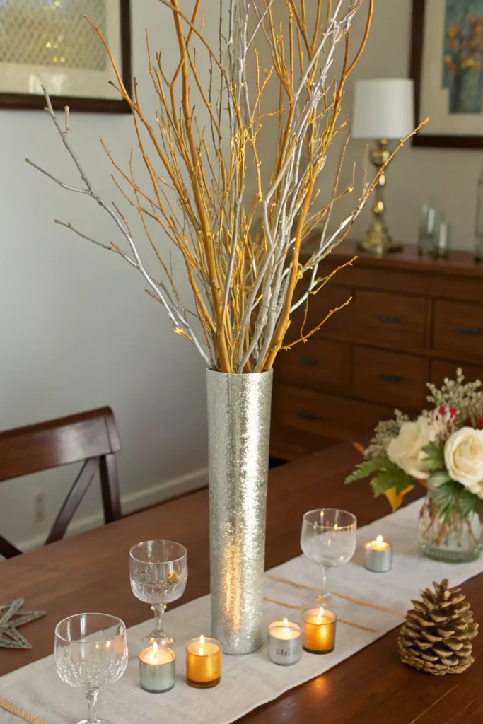 12 metallic spray painted twigs realistic center