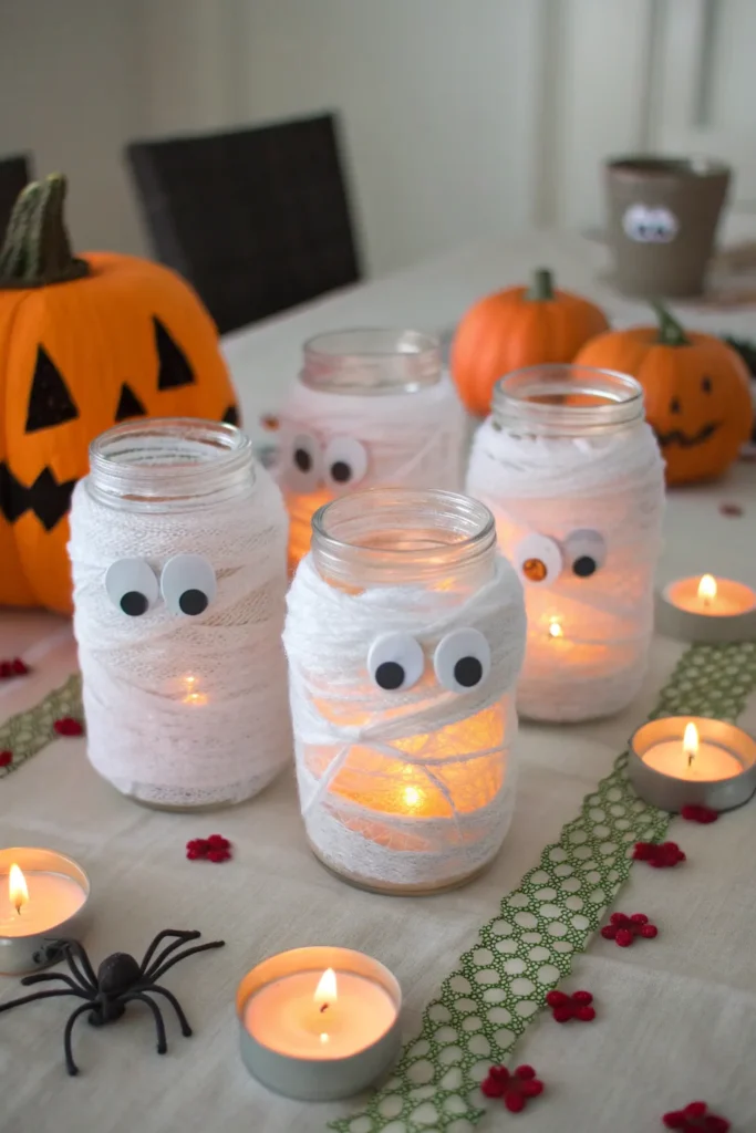 12 mummy mason jar centerpieces wrapped in gauze