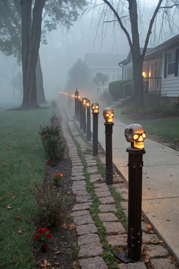 12 skull posts posts lined up along a yard pathw