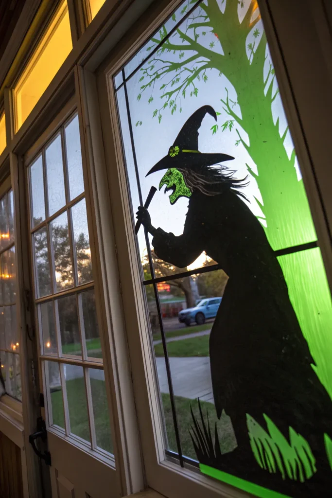 13 a creepy witch silhouette painted on a window