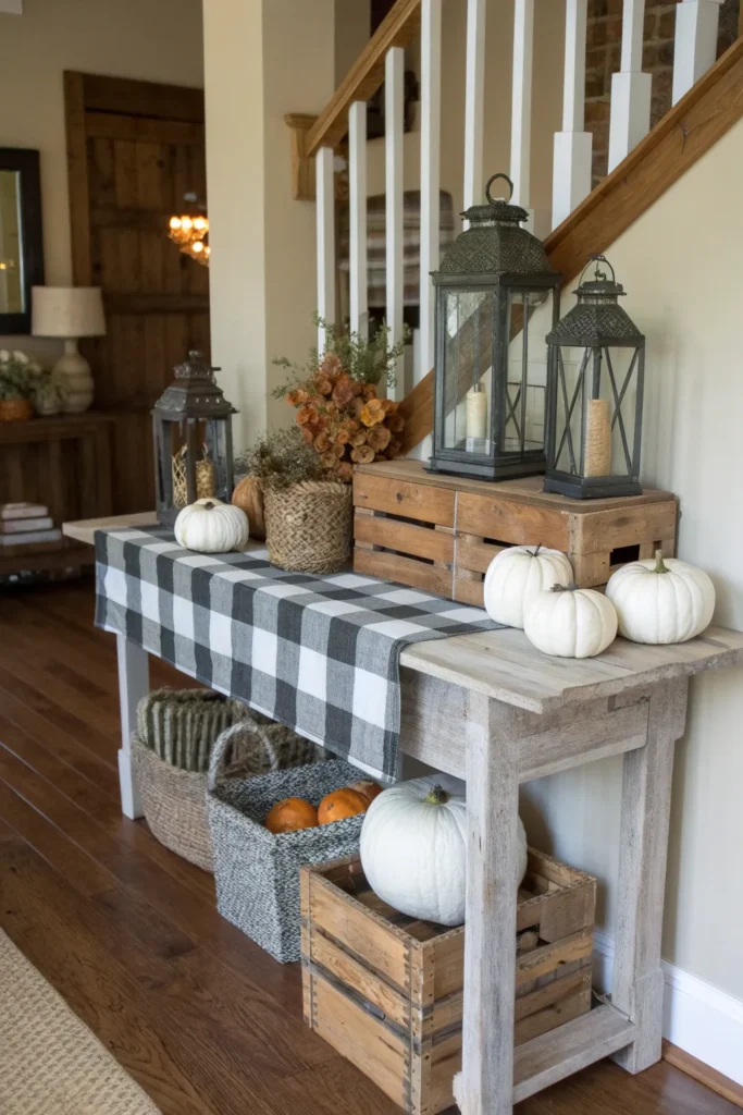 13 a farmhouse style entry table with buffalo ch