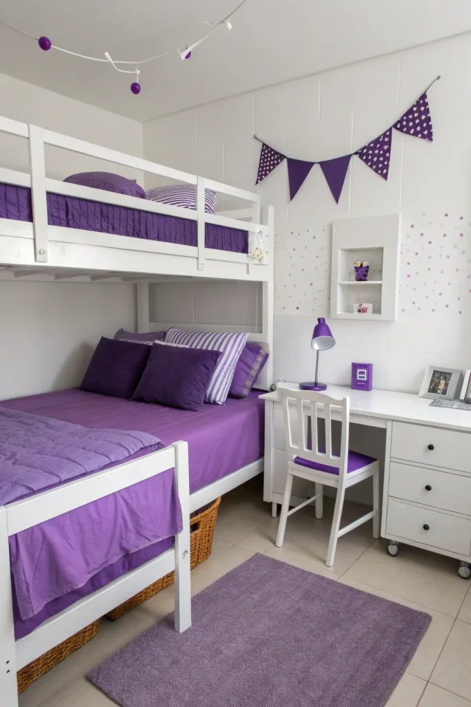 13 a modern dorm room styled with purple bedding