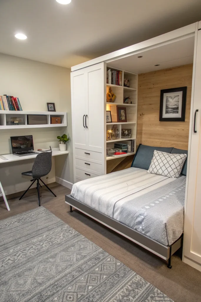 13 a murphy style wall bed folded up into the wa