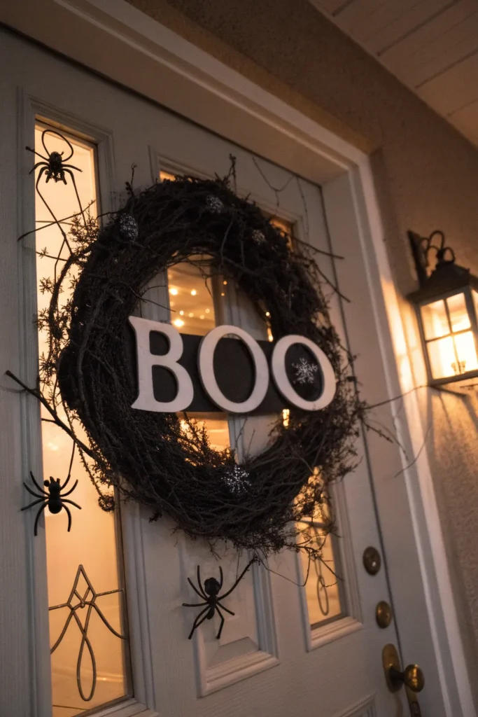 13 a spooky boo wreath on a front door made of