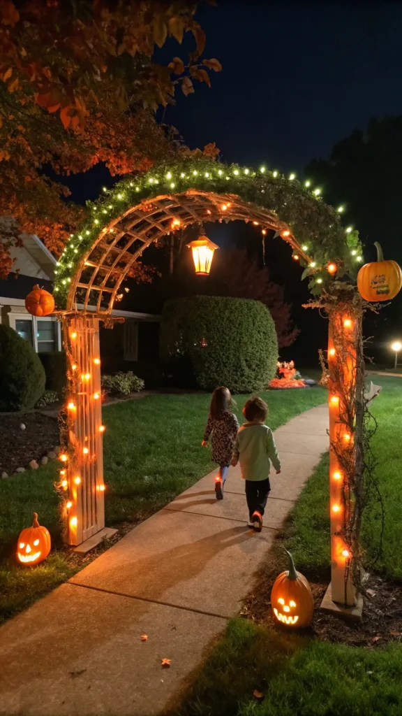 13 an illuminated halloween archway glowing with