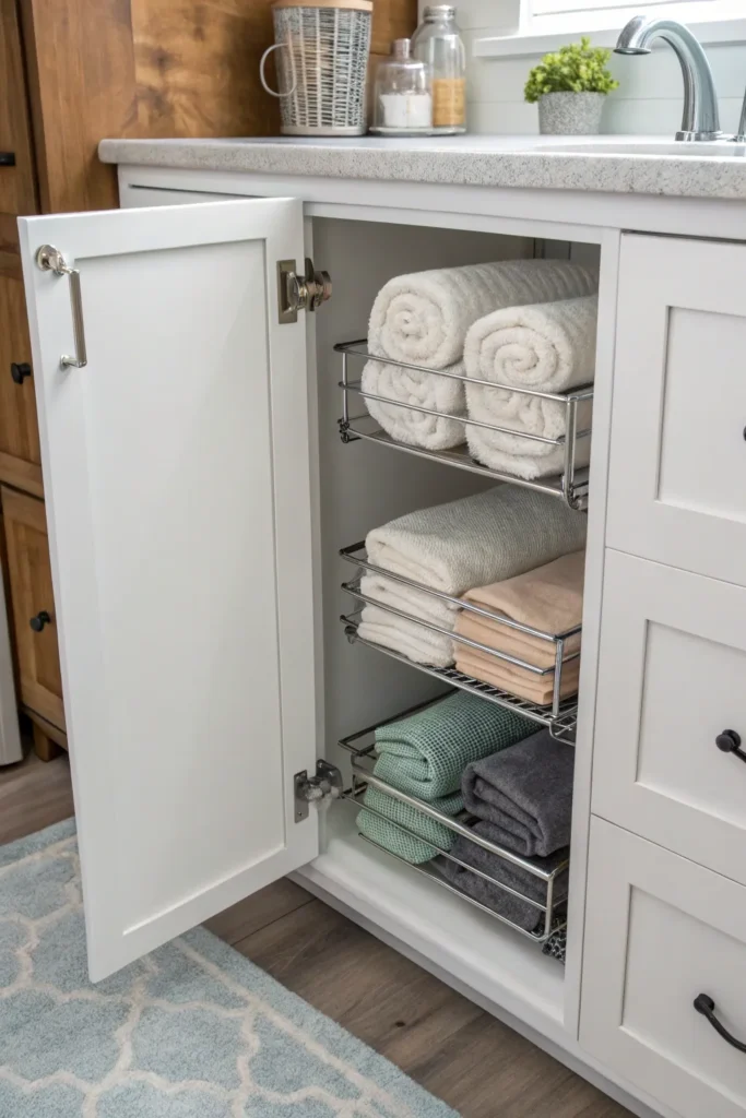 13 an organized bathroom cabinet with slim racks