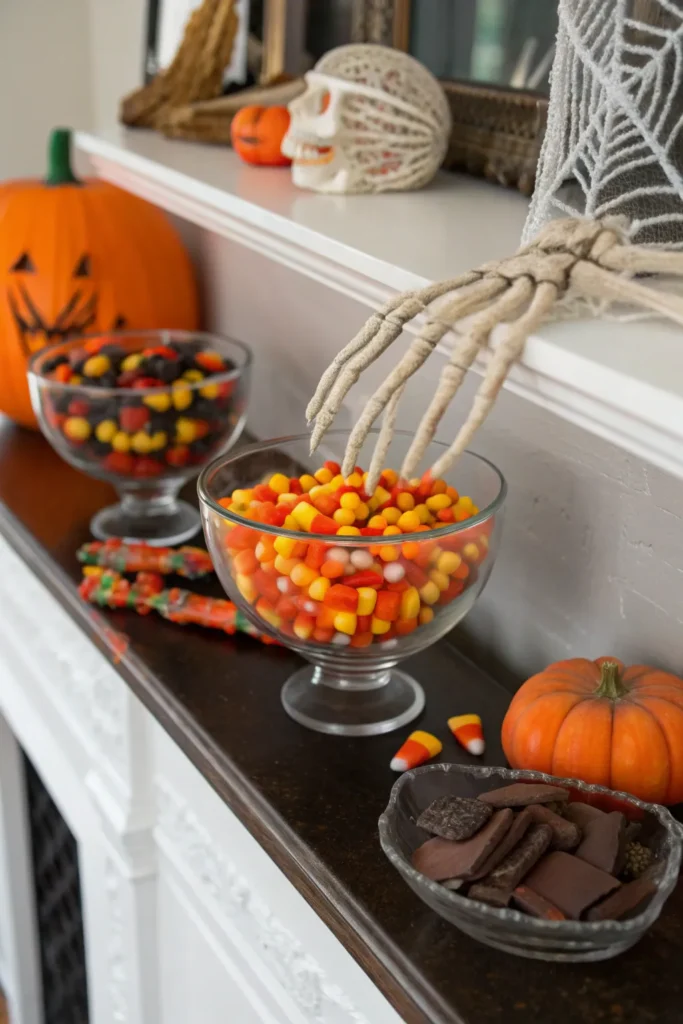 13 candy display halloween mantle decorated with