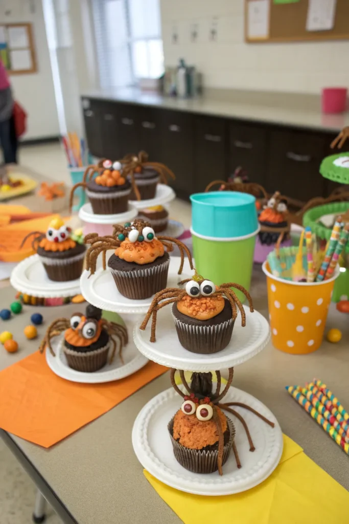 13 cupcakes decorated as candy spiders with pret