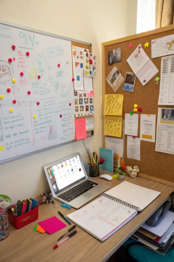 13 dorm desk with a whiteboard and corkboard fil