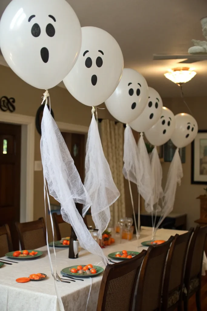 13 floating ghost balloons above a halloween din