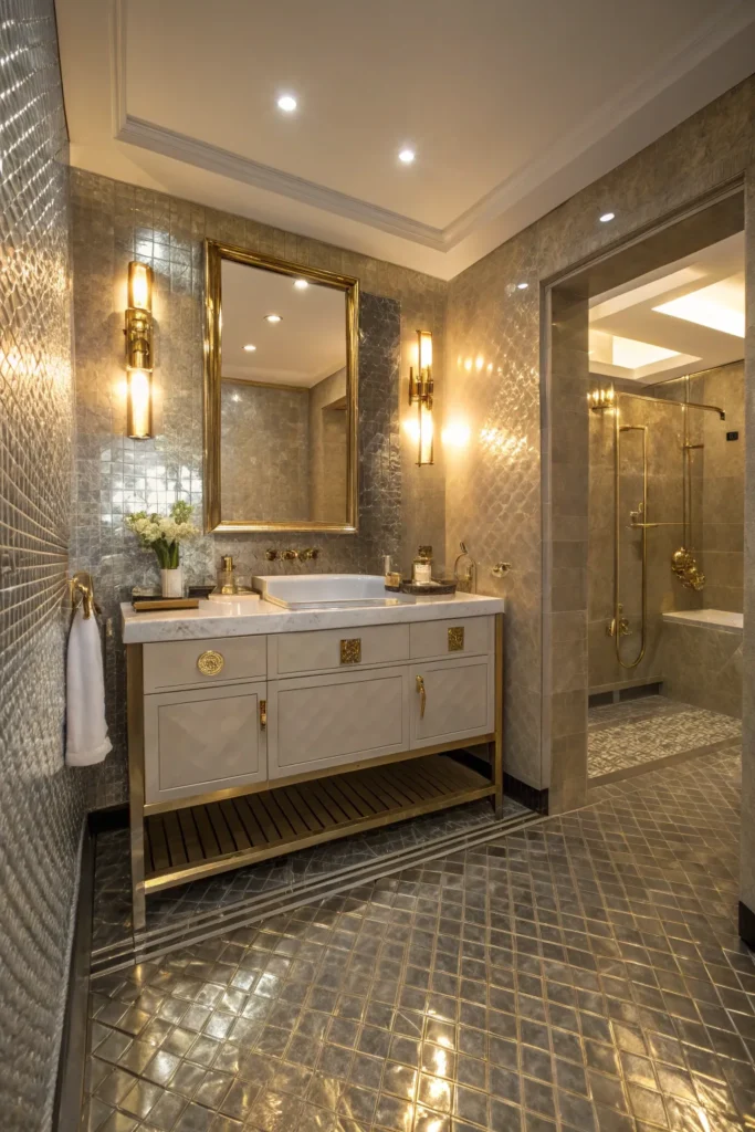 13 glamorous bathroom with metallic floor tiles