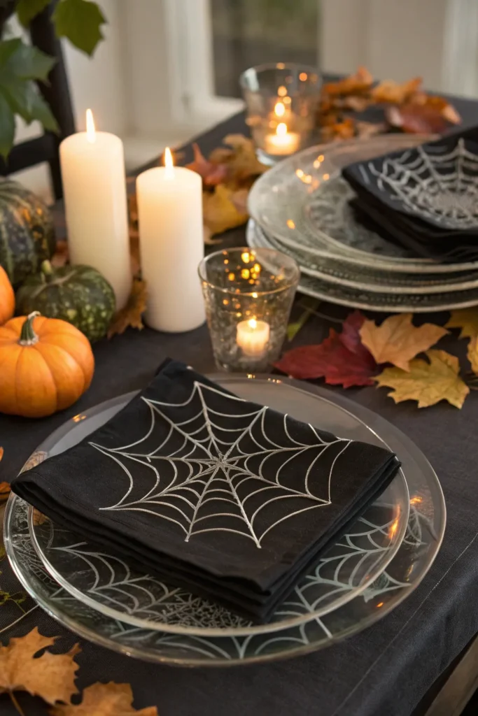 13 glass plates with painted spider webs underne