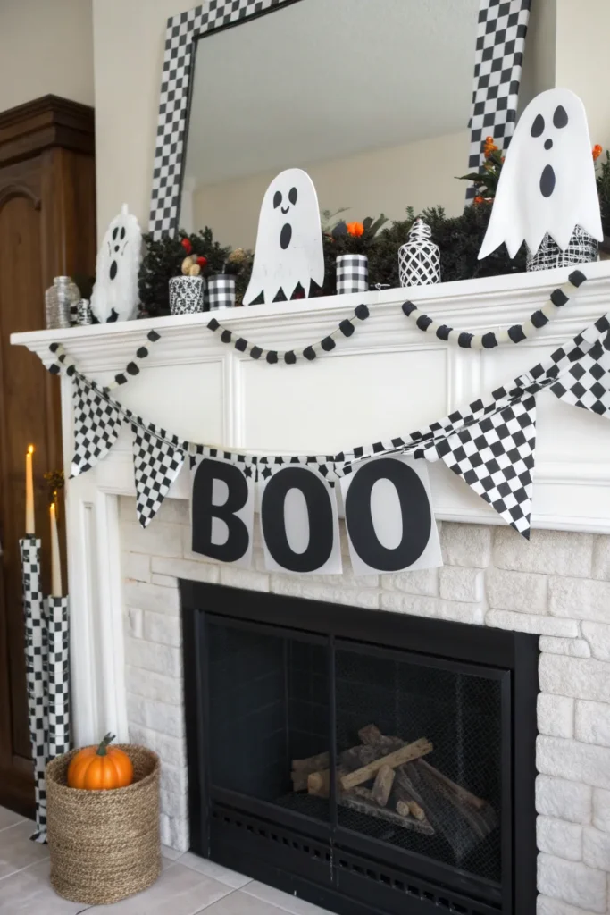 13 halloween mantel with checkerboard garlands