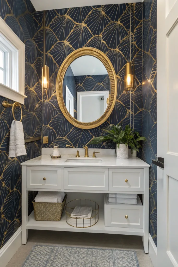 13 modern bathroom with navy blue wallpaper feat