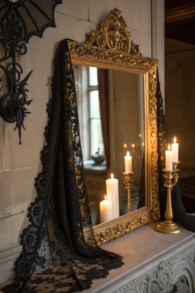 13 ornate mirror with black lace drapes and flic