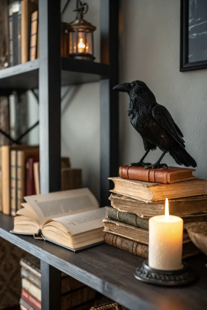 13 raven figurines on bookshelves a moody bookshe