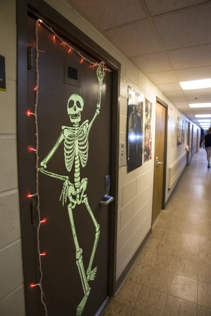 13 skeleton surprise a dorm door with a full ske