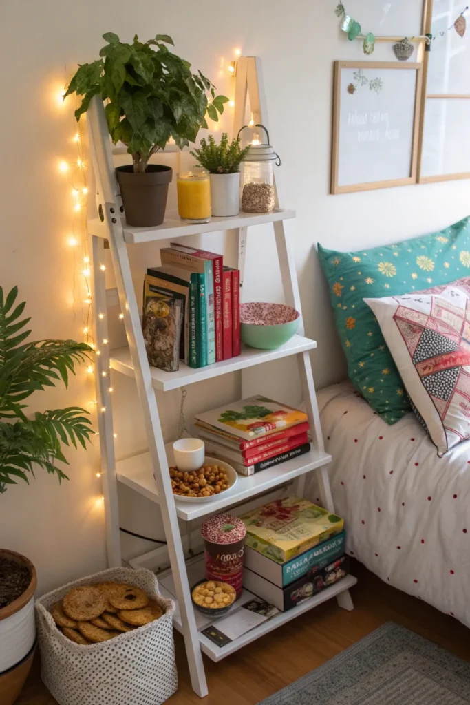 14 a dorm corner featuring tiered shelving besid
