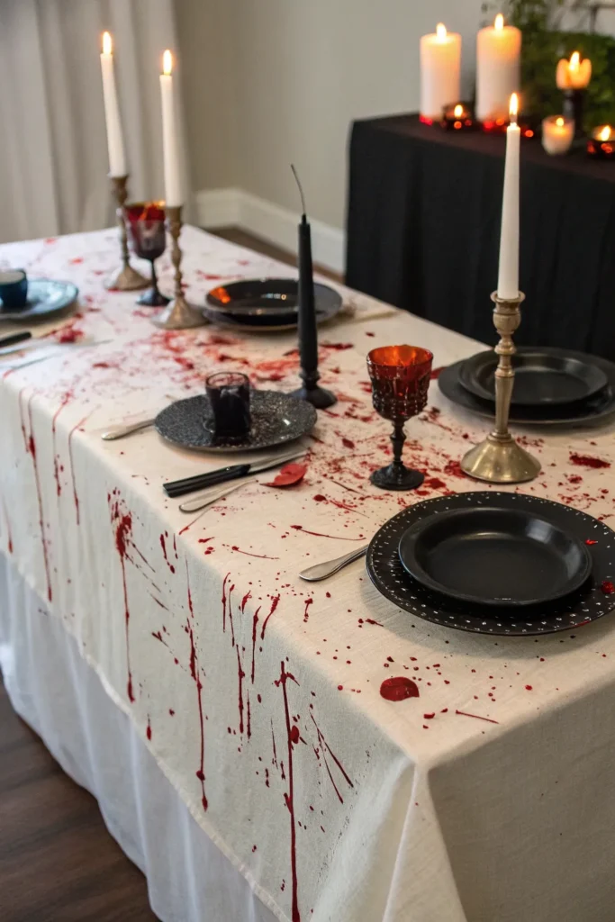 14 a white tablecloth splattered with realistic