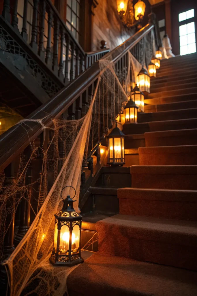 14 antique lanterns lined along a staircase with