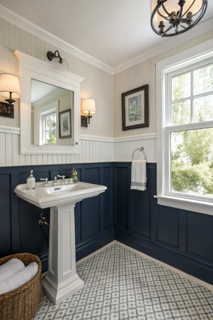 14 balanced bathroom with navy painted wainscoti