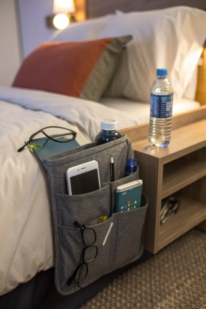 14 bedside caddy attached to a dorm bed holding