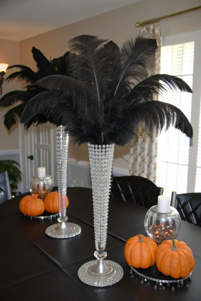 14 black feather centerpieces tall crystal vases
