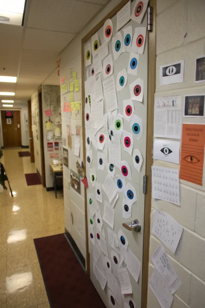 14 creepy eyeballs everywhere a dorm door covere