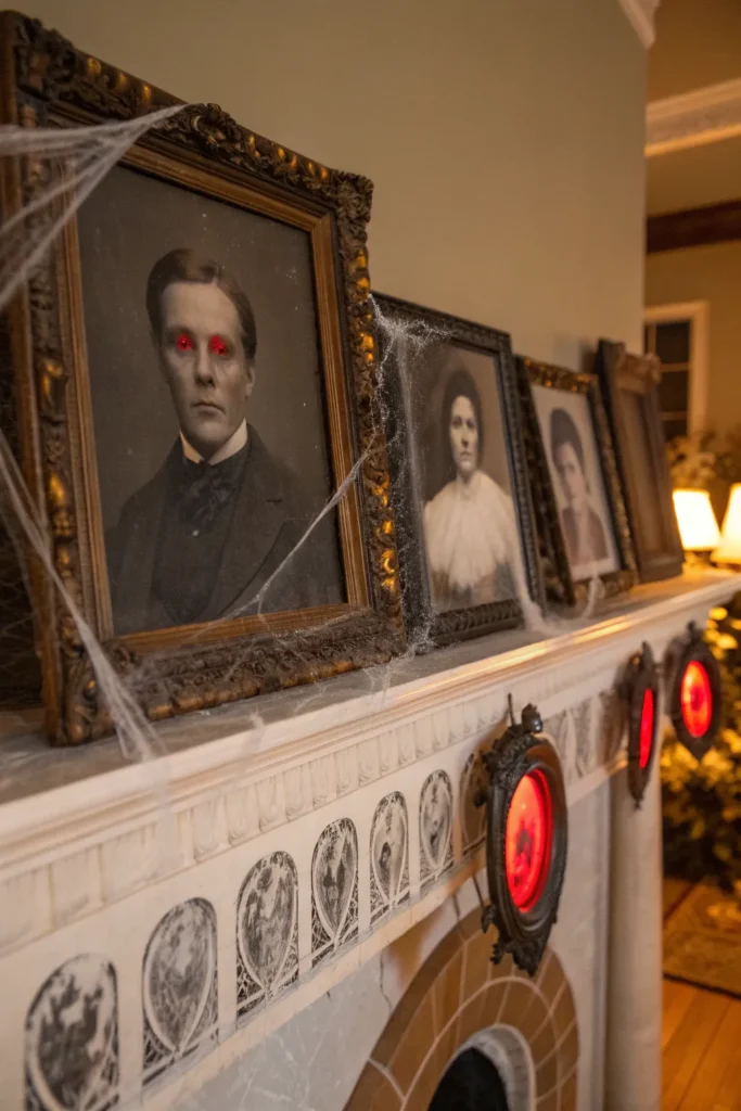 14 creepy family portraits mantle decorated with