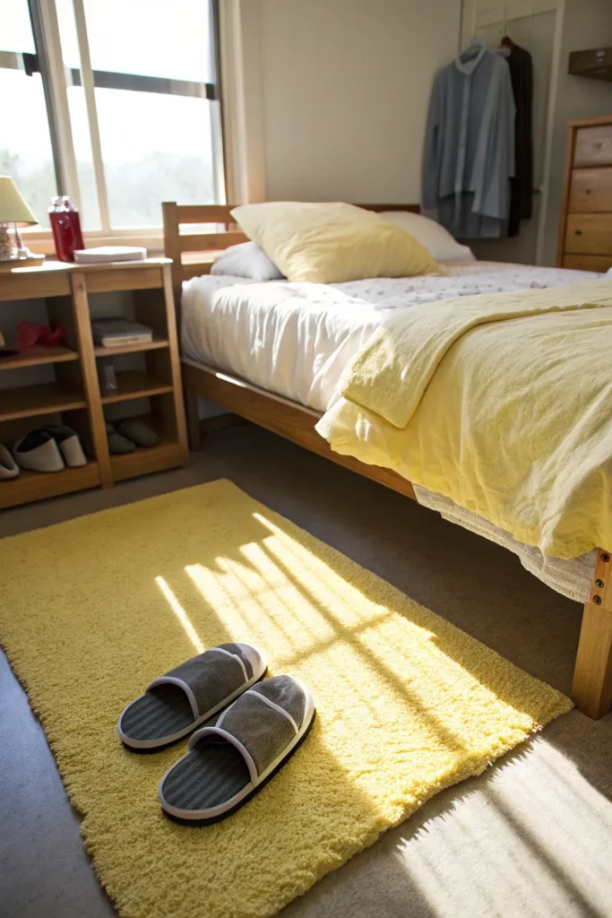 14 dorm bed with a soft yellow throw rug placed