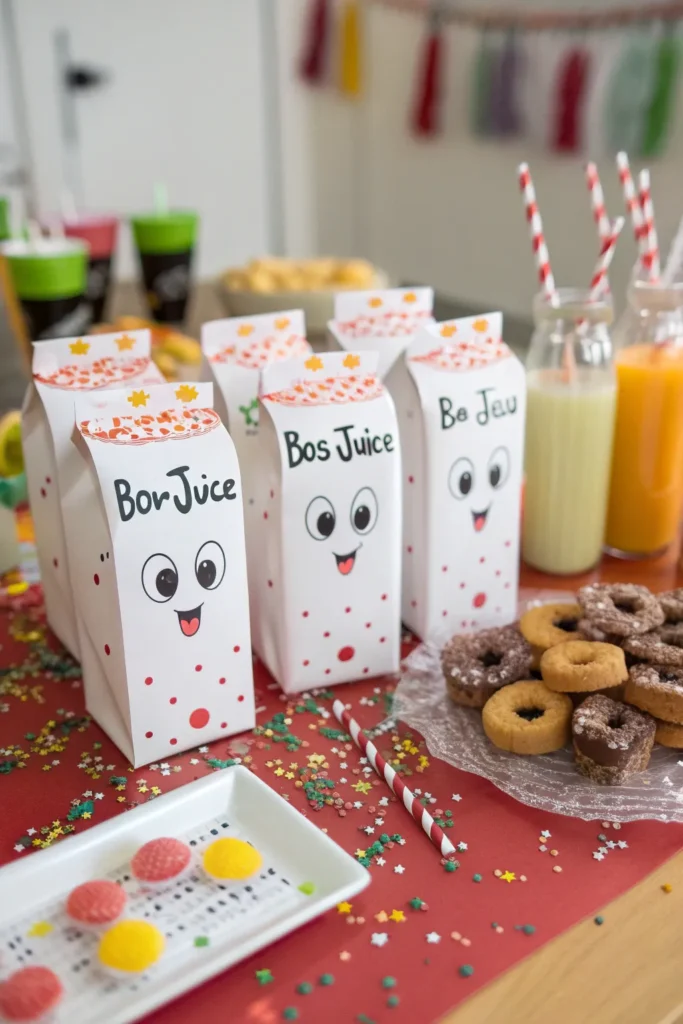 14 juice boxes wrapped in white paper with cute