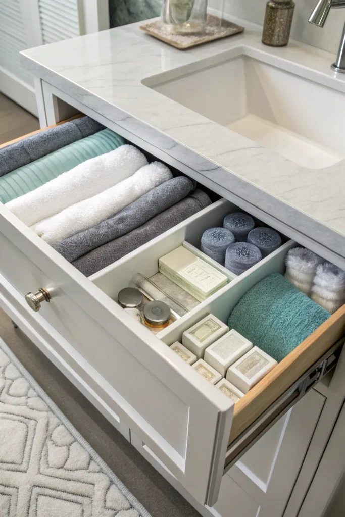 15 a clean vanity drawer opened to reveal towel