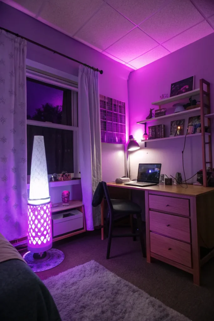 15 a dorm room with a purple led lamp casting di